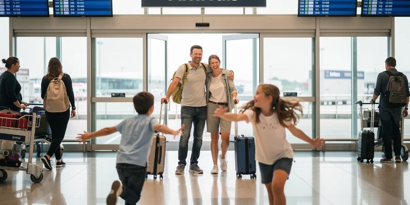 A joyful family reunion at an airport arrivals gate, where a mother embraces her adult son after months apart—the kind of visit that often requires a clear invitation letter for a B-2 visitor visa application to demonstrate trip purpose and intent to return home