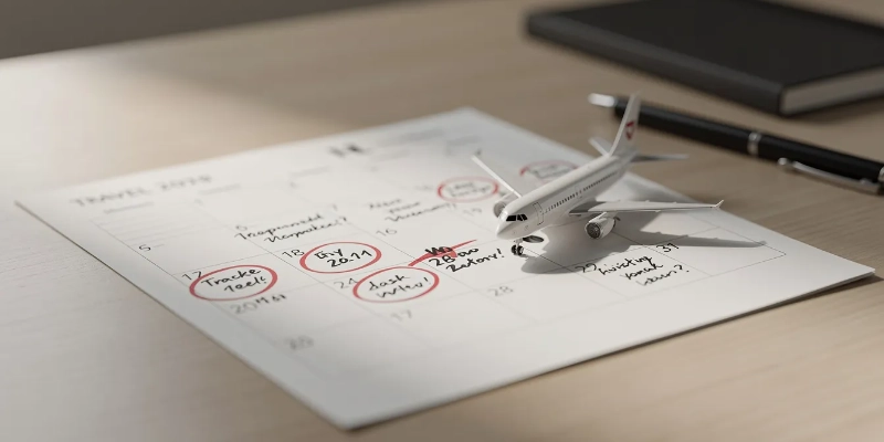 Calendar displaying marked travel dates with a small airplane figurine on a desk, representing visa application planning for green card holders preparing to visit multiple Schengen member states