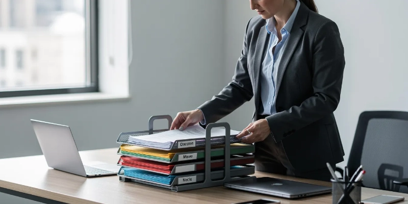 A professional organizing various documents and folders on a desk, preparing for an upcoming visa interview. The scene suggests careful preparation of supporting documents — appointment confirmation letters, financial statements, and travel itineraries — for a successful application process.