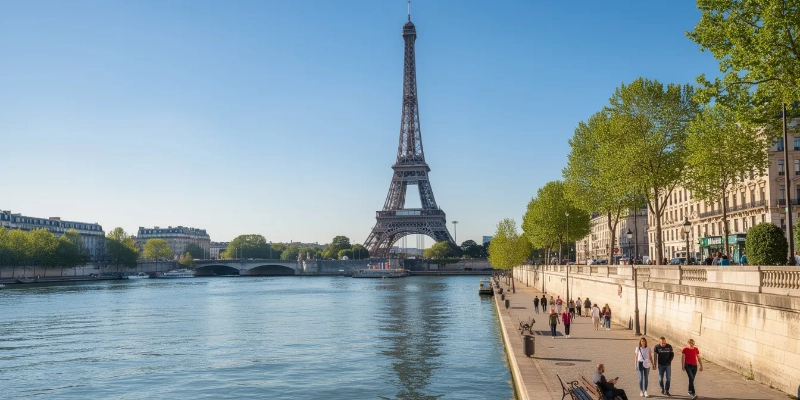 The Eiffel Tower rises against a clear blue sky, viewed from across the Seine River, where people stroll along the riverbank enjoying the scenic beauty of Paris, a top destination for travelers navigating France visa requirements for tourism