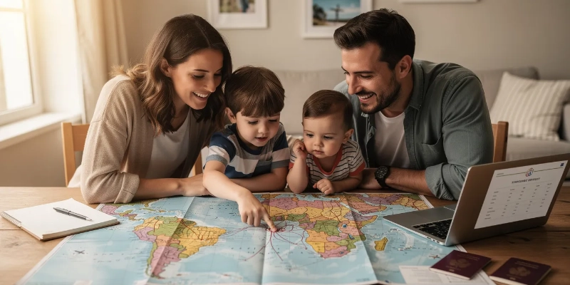 A family of four gathers around a table, examining a large travel map as they discuss their upcoming trip to the United States. They appear excited, likely planning tourism activities or a family visit while ensuring their documents match their stated travel purpose.