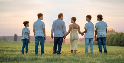 family, sunset, field