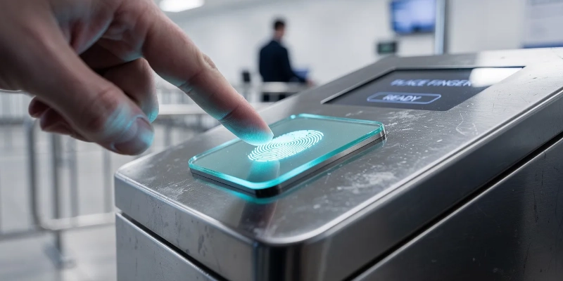 A close-up view of a biometric fingerprint scanner, commonly used at airport border checkpoints, highlighting the importance of security and identity verification for travelers entering the Schengen area. This technology plays a crucial role in processing passport details and ensuring compliance with entry requirements for European countries.