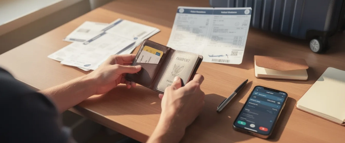 A traveler is seen organizing their passport and important documents on a desk, preparing for their international travel plans. This careful arrangement highlights the importance of having adequate travel insurance to cover unexpected medical expenses and provide peace of mind during their journey.