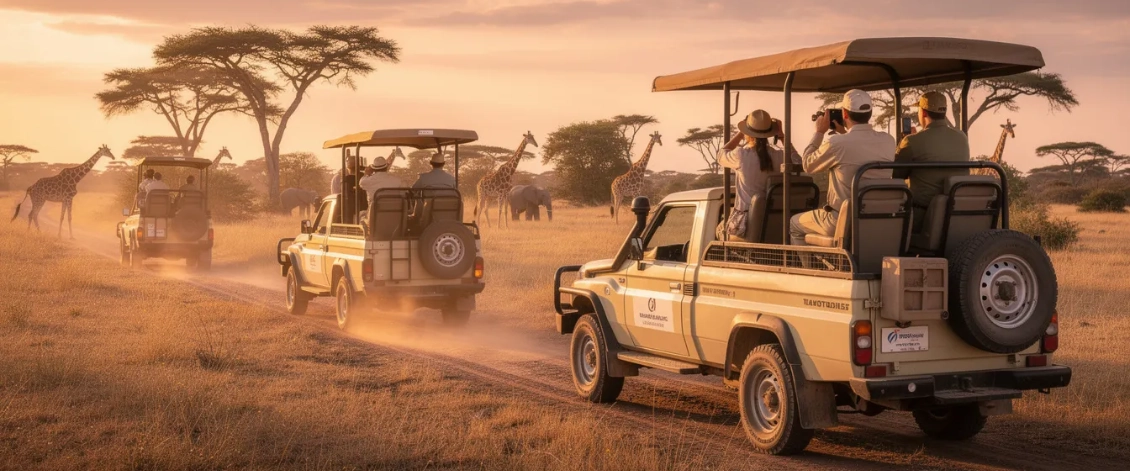 The image depicts safari vehicles traversing the vast African savanna, surrounded by golden grasses and acacia trees under a clear blue sky. This scene highlights the adventurous spirit of international travel, reminding travelers of the importance of adequate travel insurance to cover unexpected medical expenses during their journeys.