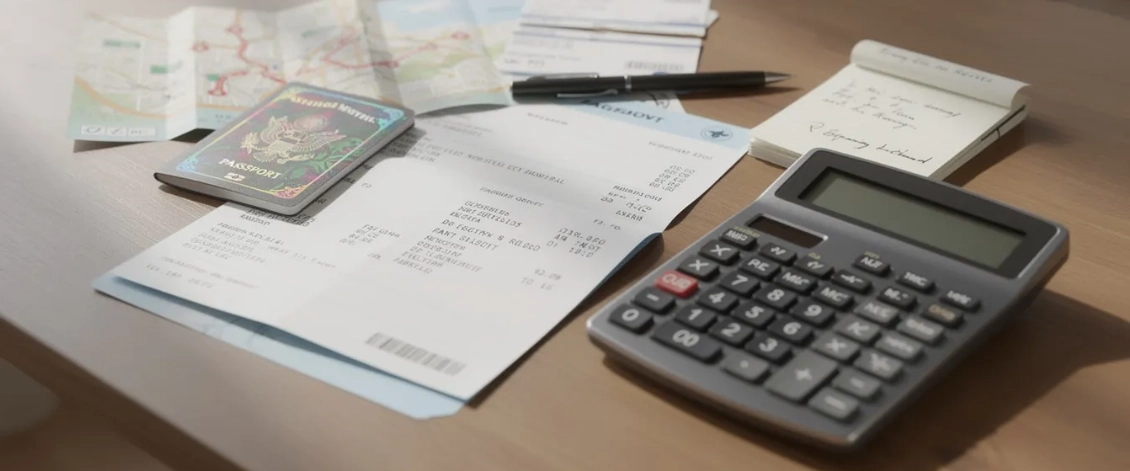 The image shows a calculator alongside various travel documents on a desk, symbolizing the planning and financial considerations for international travel. This setup highlights the importance of understanding travel insurance requirements, especially for medical emergencies and unexpected medical expenses while traveling abroad.