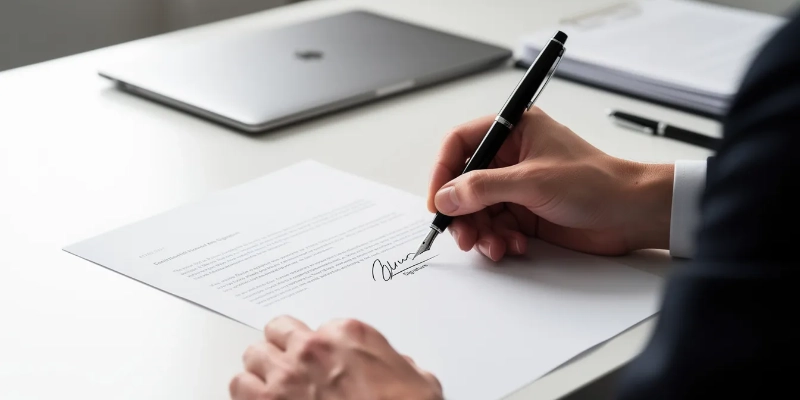 The image depicts a person carefully signing a formal document at a clean desk, emphasizing the act of letter writing. The scene conveys a sense of intent and professionalism, possibly related to a visa application or invitation letter.