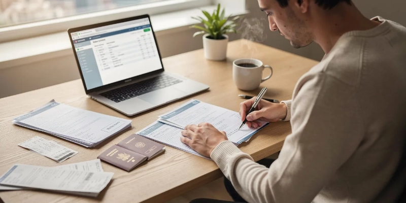 Traveler reviewing visa application documents and paperwork at a desk with laptop and coffee, preparing to submit a Schengen visa application as a green card holder