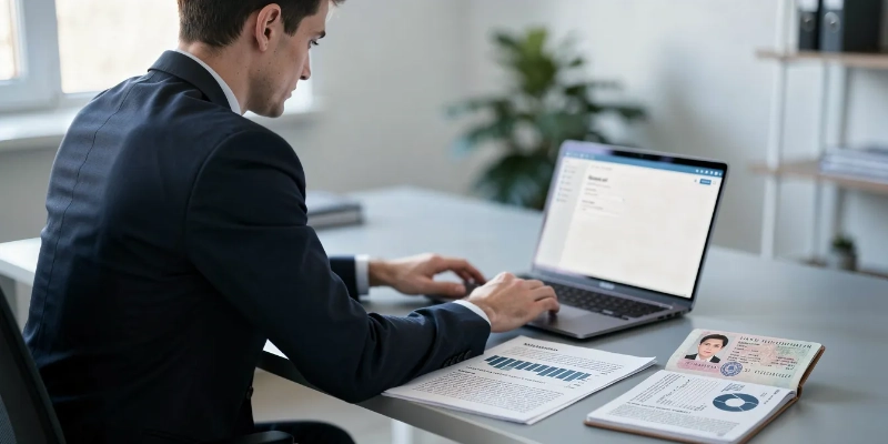 A person sits at a desk with a laptop, surrounded by documents, a passport, and papers related to visa applications, reflecting the preparation process for meeting France visa requirements and navigating the Schengen application system