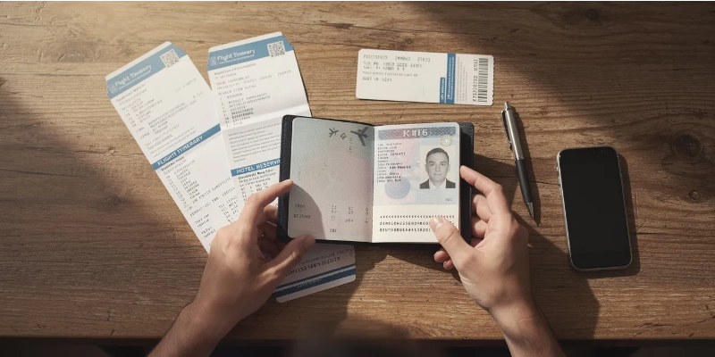 The image shows a person sitting at a wooden desk, carefully reviewing travel documents and a passport, possibly preparing for a trip to European countries. The focus on the passport suggests the importance of checking passport details and ensuring it is valid for the upcoming travel authorization process, such as applying for an ETIAS or Schengen visa.