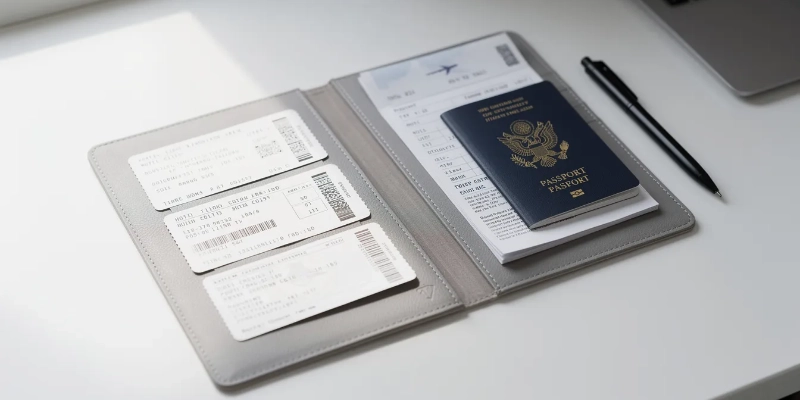 A neatly organized folder containing travel documents, including a passport, placed on a clean surface. This setup represents essential materials for a visa interview, highlighting the importance of having required documents ready for a smooth application process.