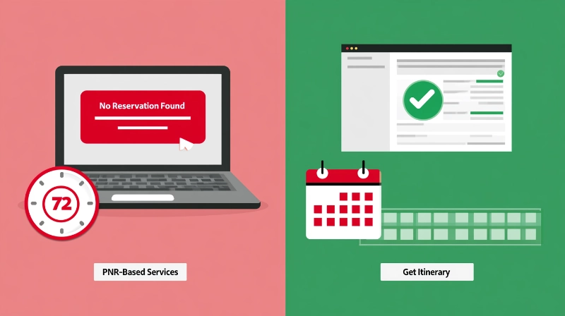 Comparison showing PNR reservation expiry versus Get Itinerary portal always-available for embassy verification