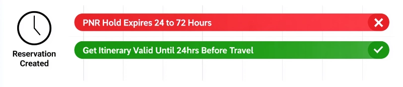 Timeline comparison: PNR reservation expires in 72 hours versus Get Itinerary portal valid until 24 hours before travel