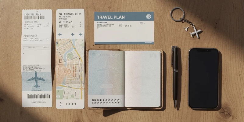 A neat arrangement of a passport, visa application forms, flight itinerary printout, and hotel reservation confirmation on a wooden desk—demonstrating the organized document package required for a successful B-2 visitor visa application that includes a sample invitation letter