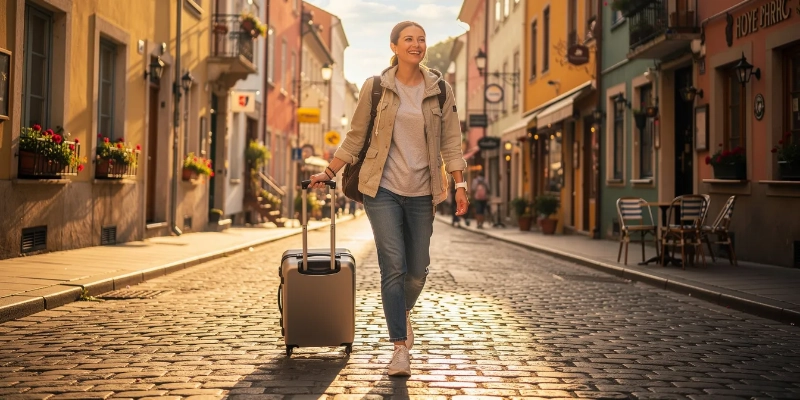 A happy traveler with a suitcase strolls through a sunny cobblestone street in a European city, embodying the joy of exploring Schengen countries. This scene captures the essence of travel in Europe, where visitors can enjoy short trips while ensuring they meet entry requirements like having a valid passport and travel authorization.