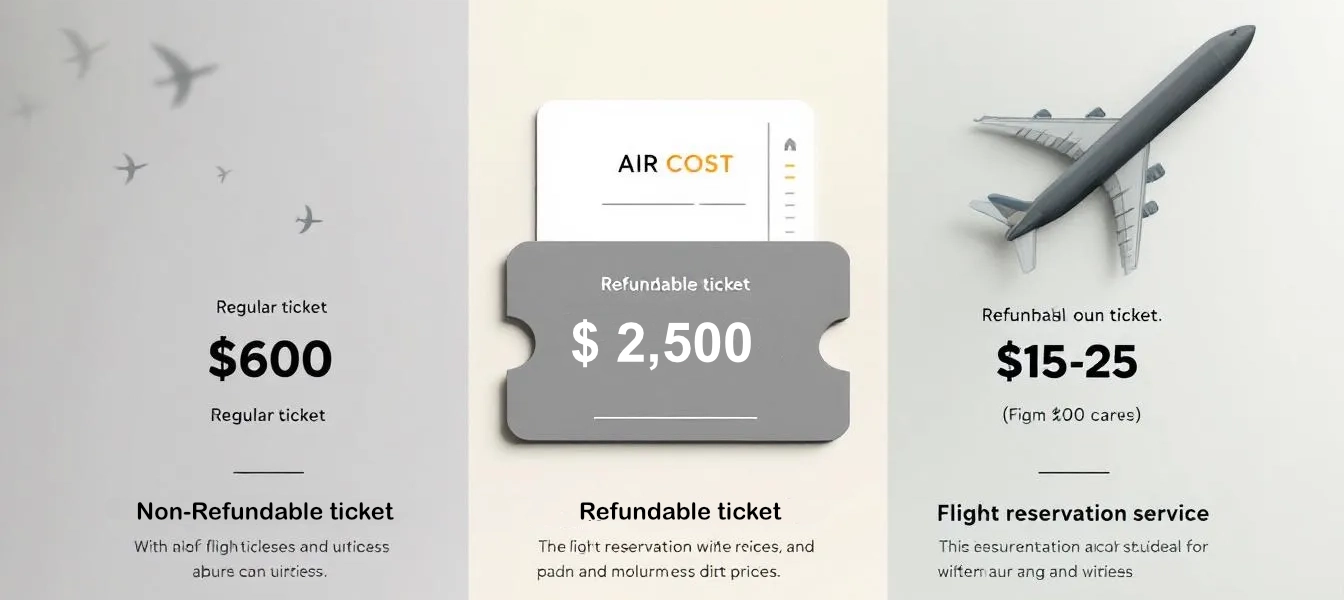 This infographic visually compares the costs of a regular flight ticket at $600, a refundable ticket priced at $2,500, and a flight reservation service costing between $15 to $25, highlighting the value and options available for planning your next trip. The clear layout aids travelers in understanding the financial implications of their travel plans, including potential refunds and reservation services.