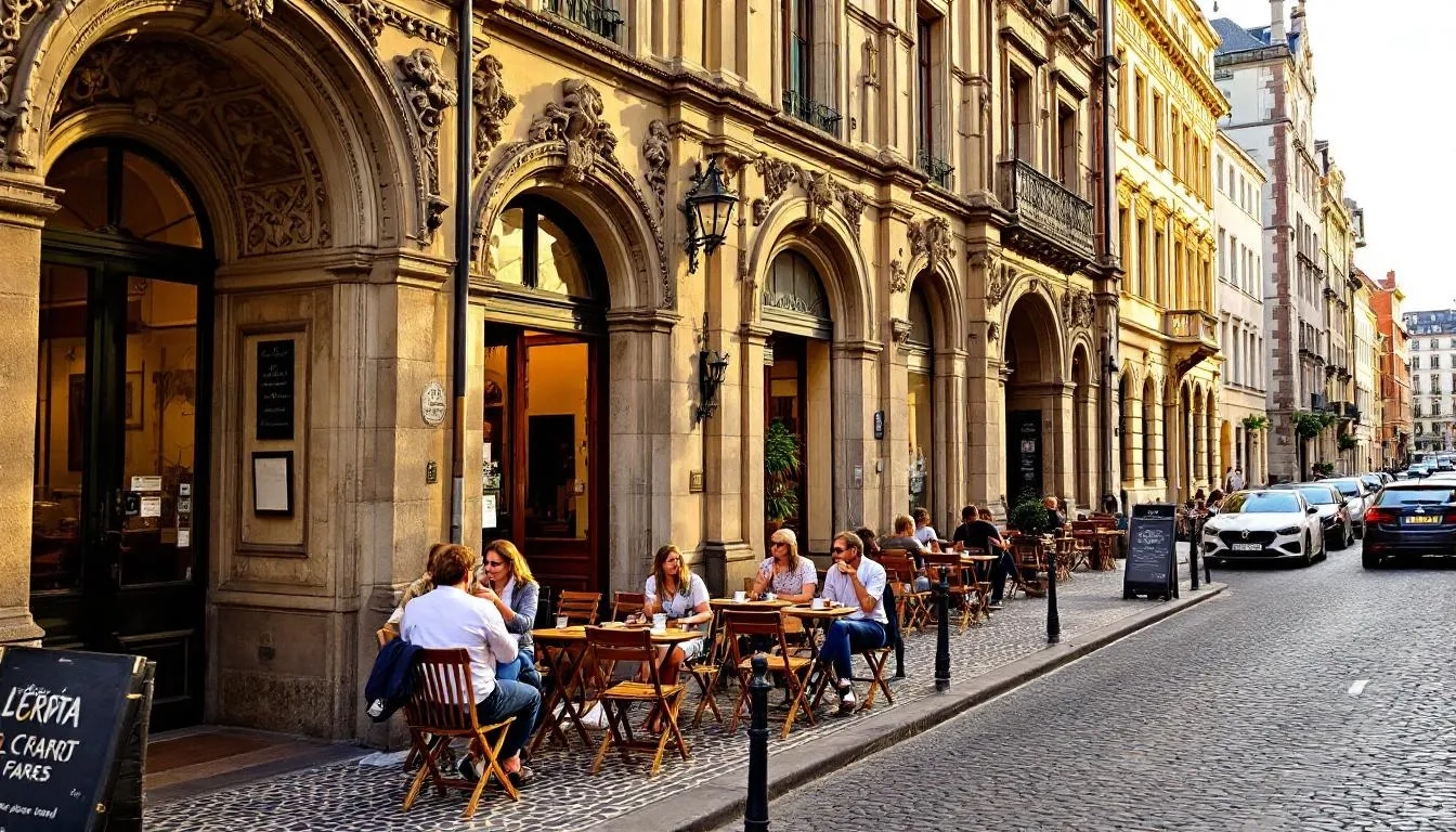 The image depicts a charming European city street scene featuring historic architecture, with quaint outdoor café seating inviting travelers to relax and enjoy the atmosphere. This destination is perfect for those planning their next trip, offering cultural experiences and hidden gems to explore along the way.