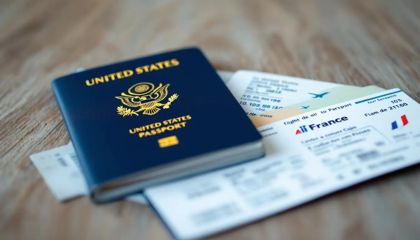 The image features a realistic US passport resting atop a flight ticket for France, symbolizing travel plans and the necessary documents for an international trip. This arrangement highlights the importance of having a valid passport and flight reservation when preparing for a journey abroad.