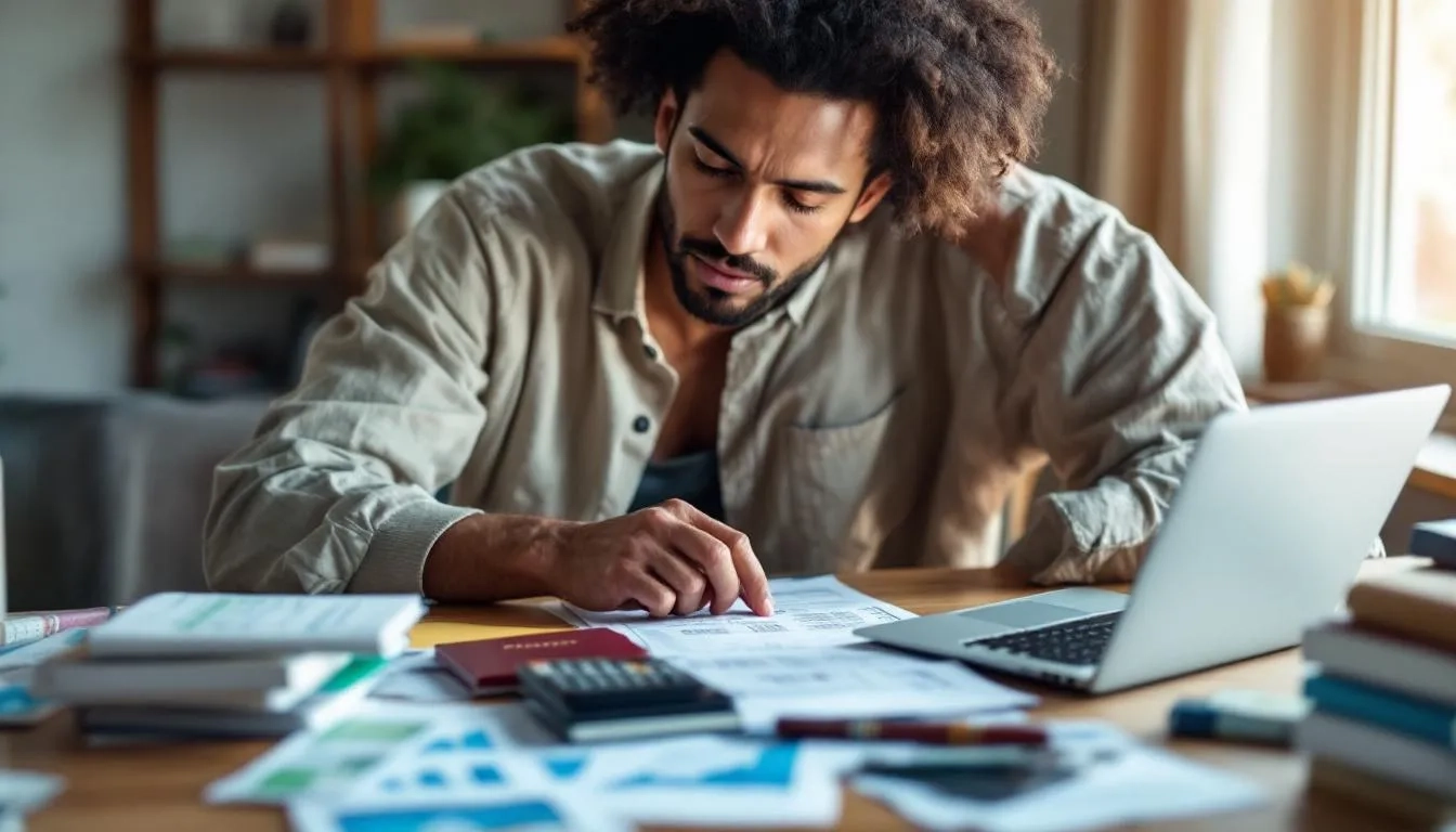 A person is sitting at a table, surrounded by a laptop, a calculator, and various travel documents, as they meticulously plan their next trip. They are focused on creating a detailed travel itinerary, considering costs and scheduling to ensure an organized and enjoyable journey.